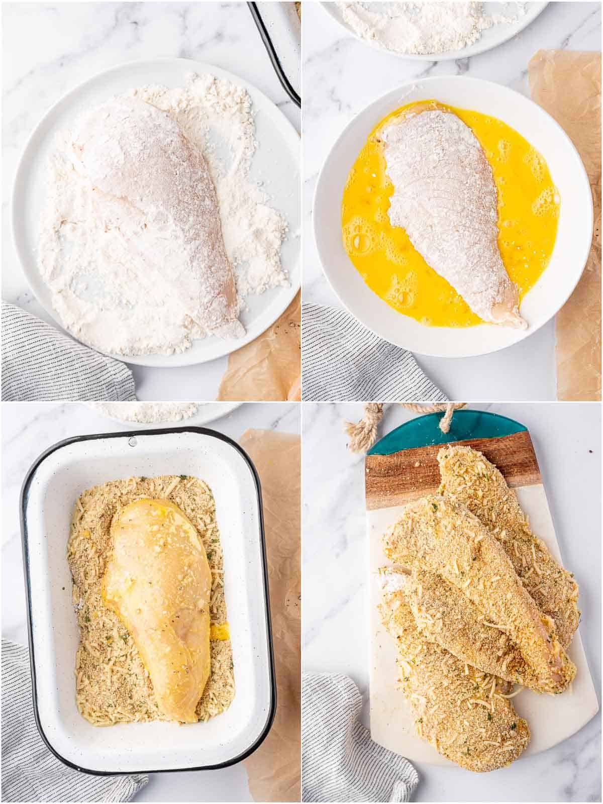 Process of dredging chicken breast in flour then coating in egg and parmesan breadcrumb mixture.