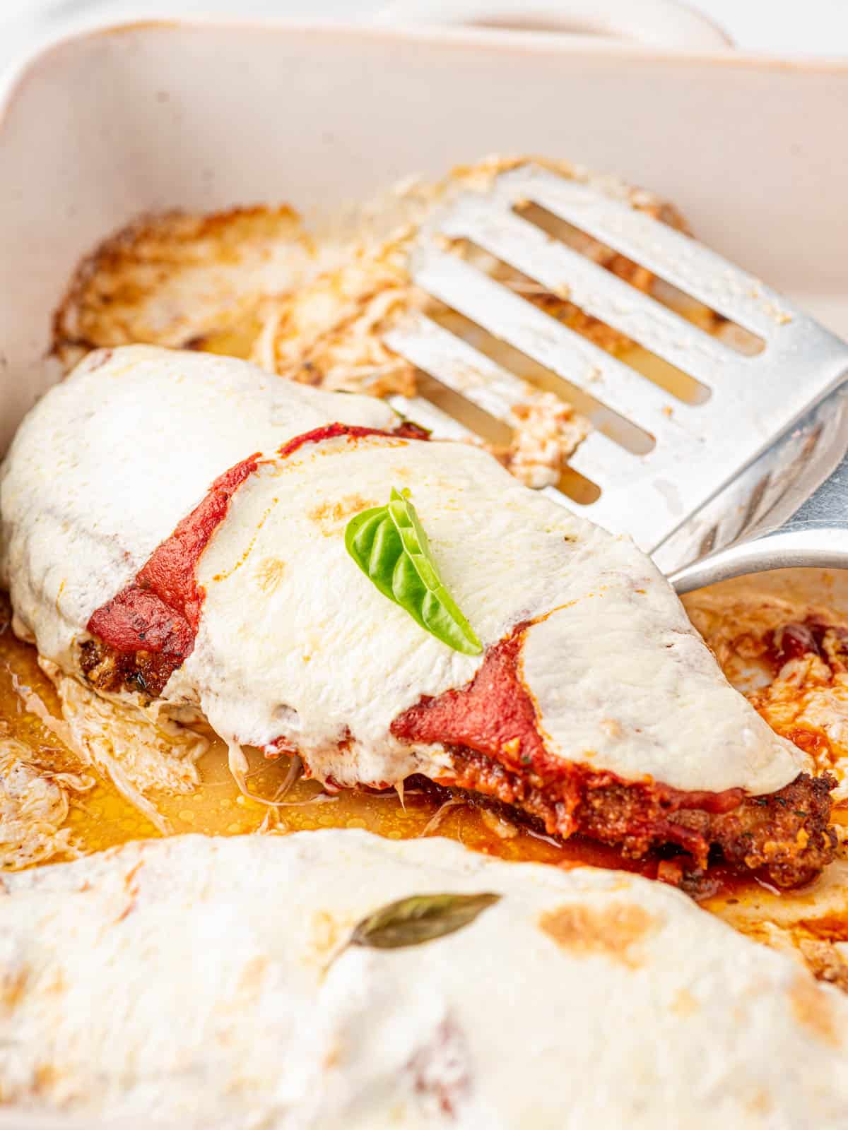 Finished parmesan crusted chicken breasts rests in a baking dish along side a silver spatula.