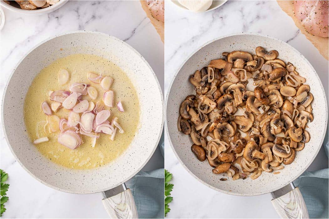 Cooking the aromatics and sautéing the mushrooms in a skillet.