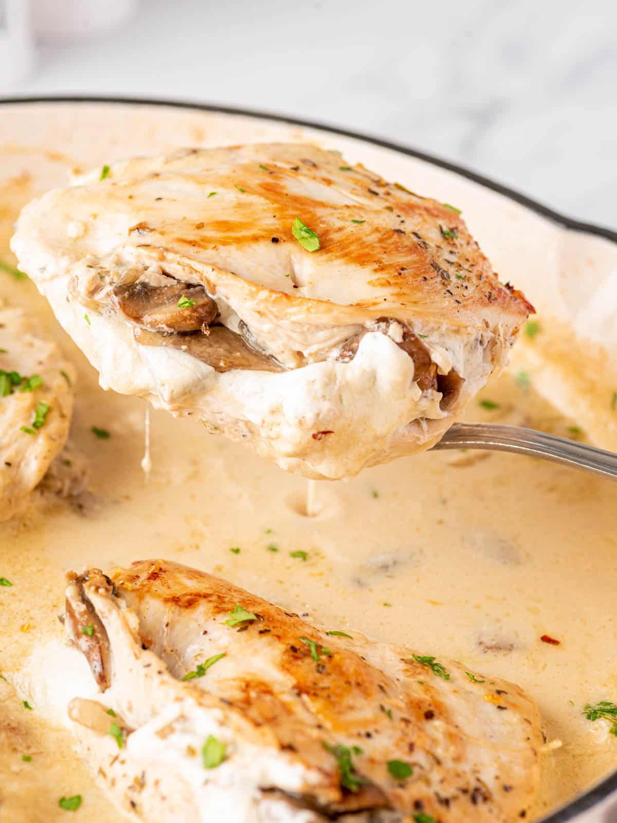 Close up of chicken breast stuffed with mushrooms on a serving spoon with creamy sauce dripping.