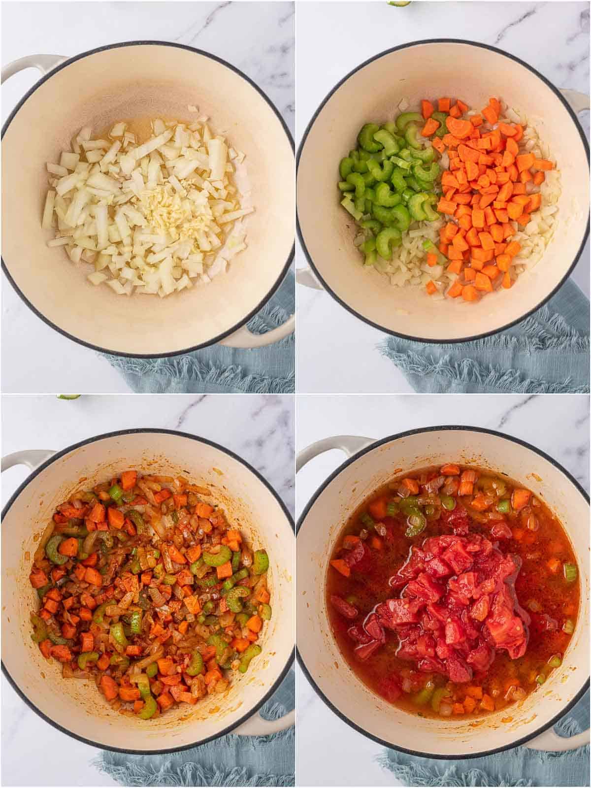 Process shots of veggies cooking for vegan chili.
