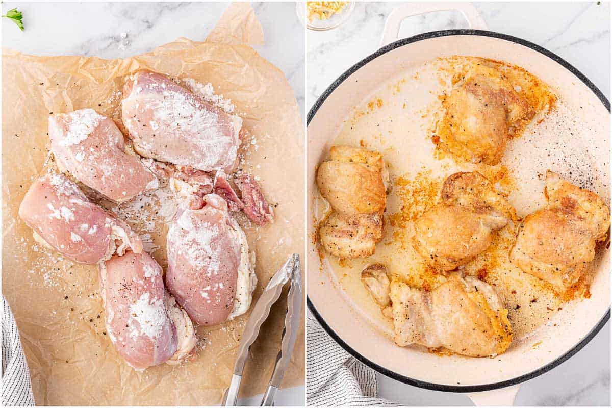 Sautéing dredged chicken in a pan.