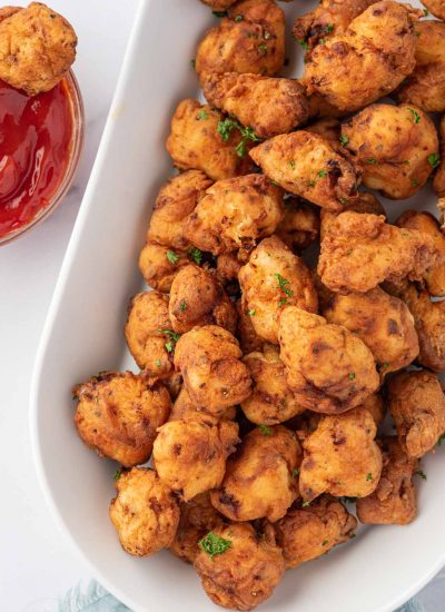 Easy popcorn chicken recipe on a platter for serving.