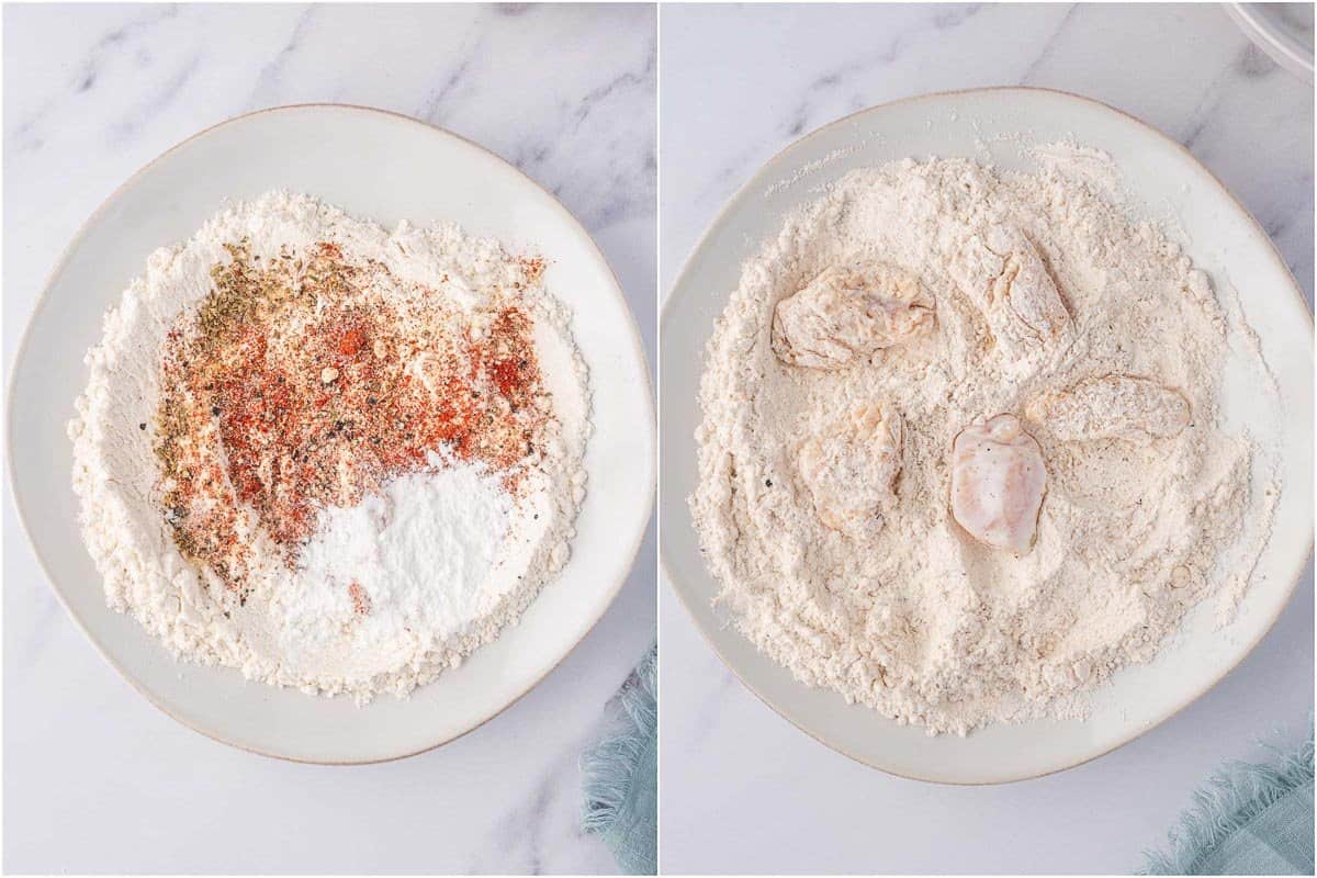 Seasoned flour and dredging station for popcorn chicken.