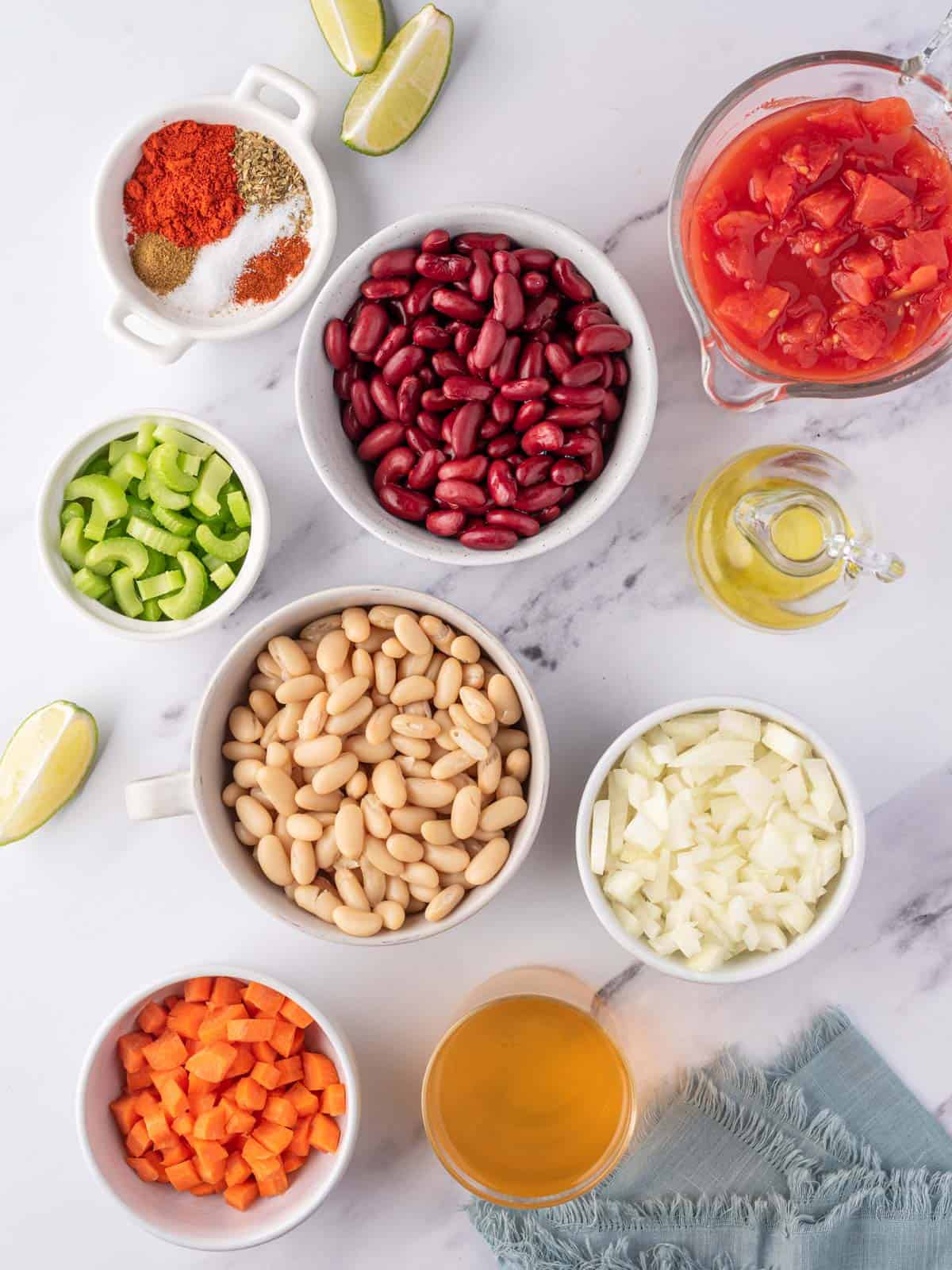 Bowls of ingredients needed for easy vegan chili.