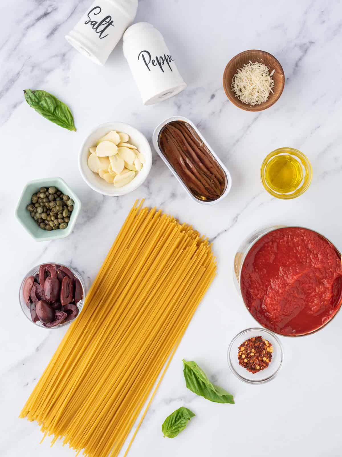 Ingredients for pasta puttanesca.