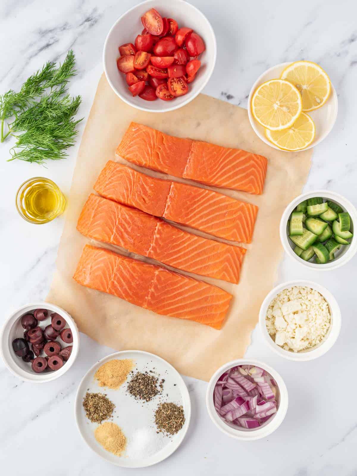 Ingredients needed for greek salmon.