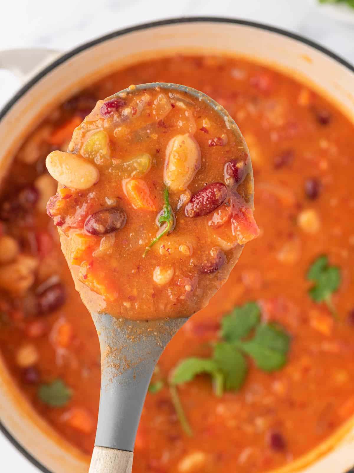 A spoonful of kidney bean chili held above a full pot.