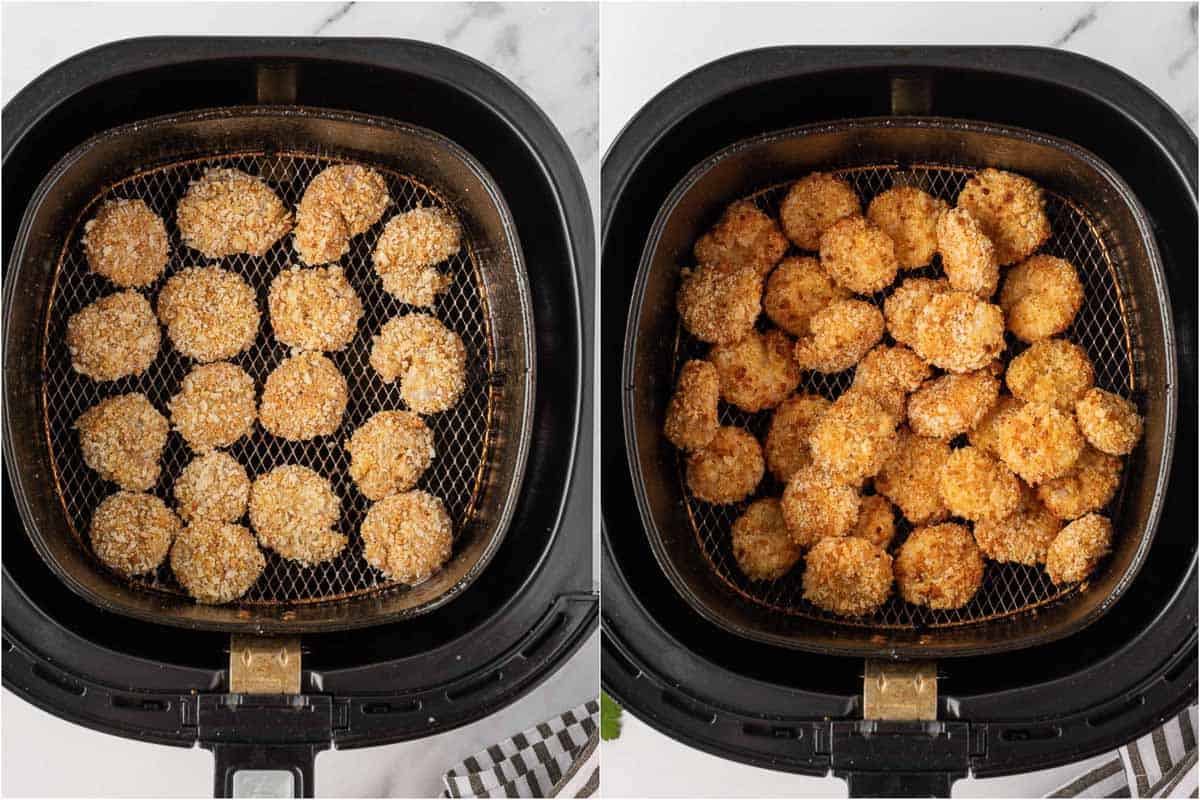 Homemade popcorn shrimp in air fryer before and after cooking.