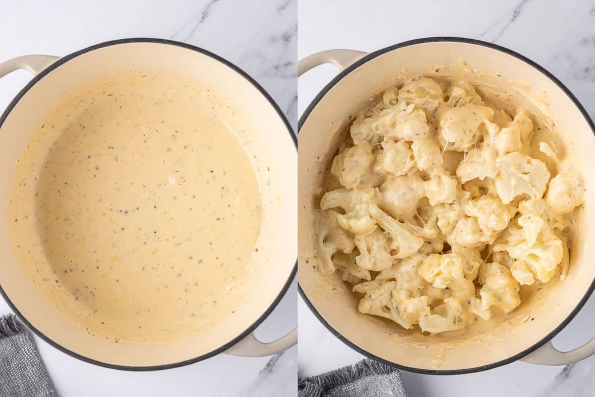 Combining cauliflower and cheese for cauli mac and cheese.