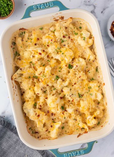 Low carb mac and cheese in a casserole dish.