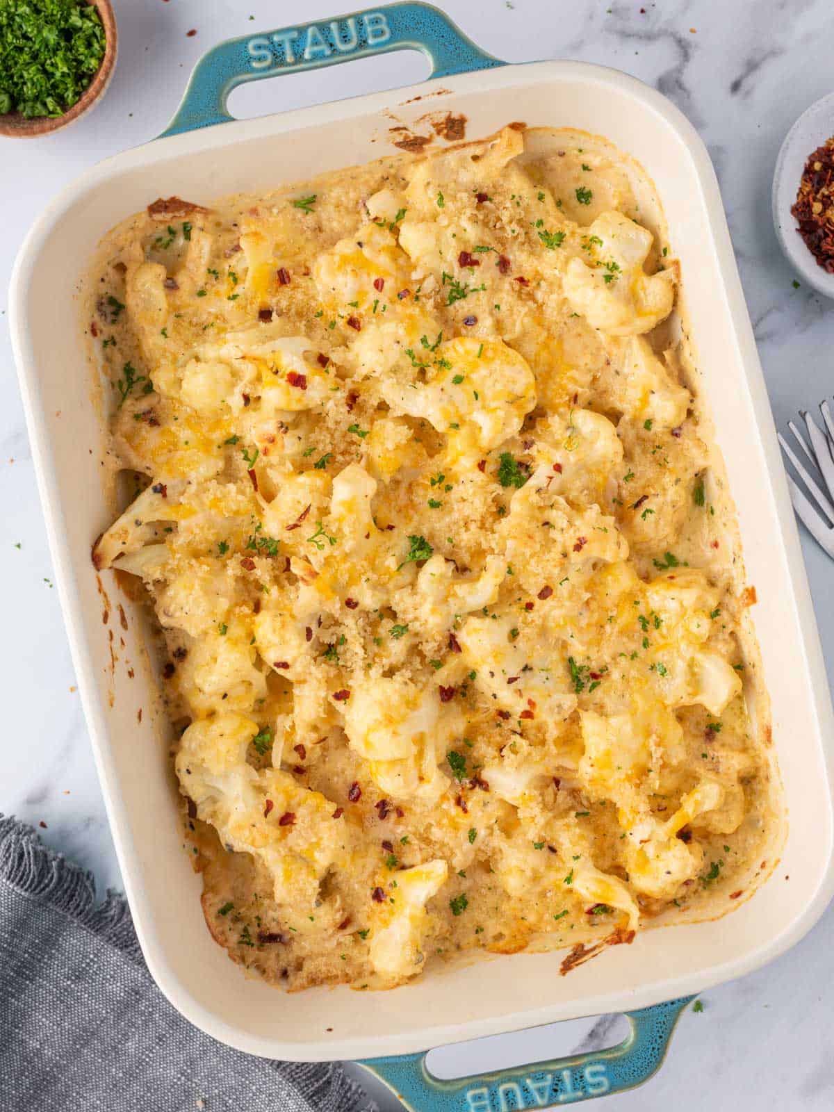 Low carb mac and cheese in a casserole dish.