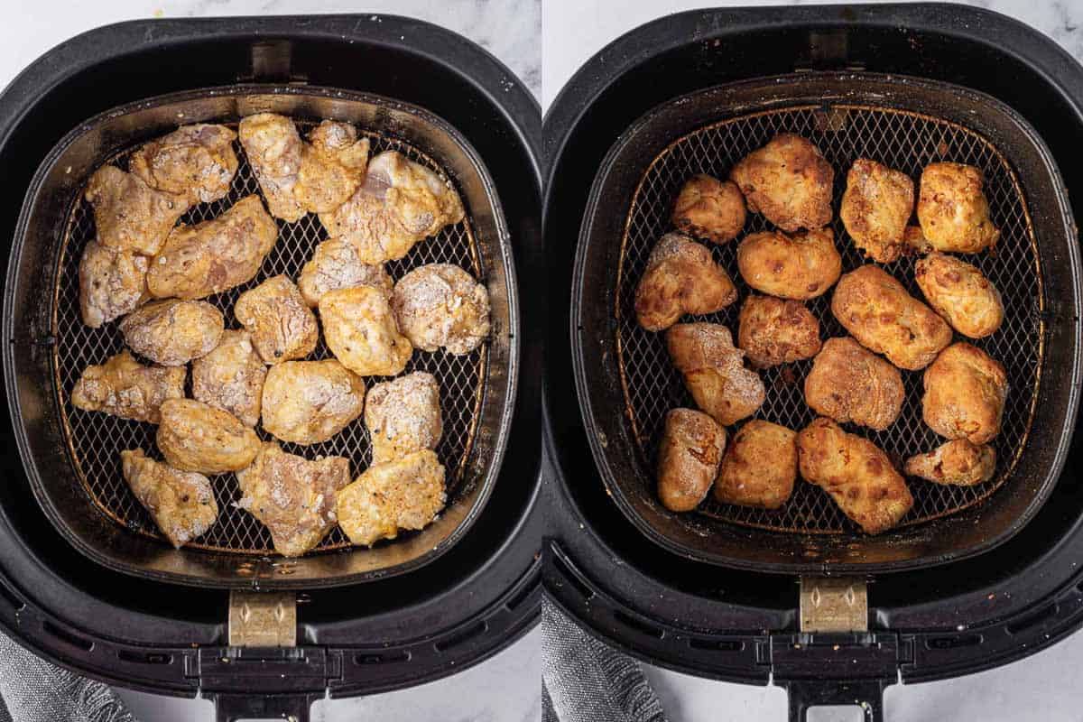 Before and after of crispy popcorn chicken in air fryer.