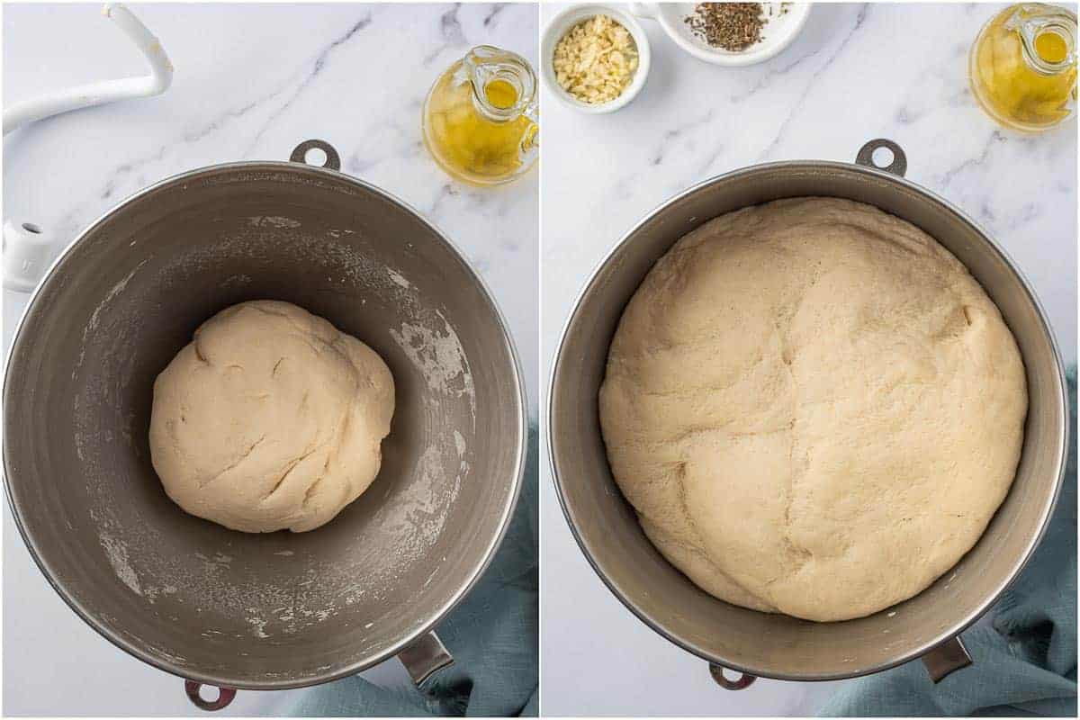 Yeast dough before and after rising in a stand mixer bowl.