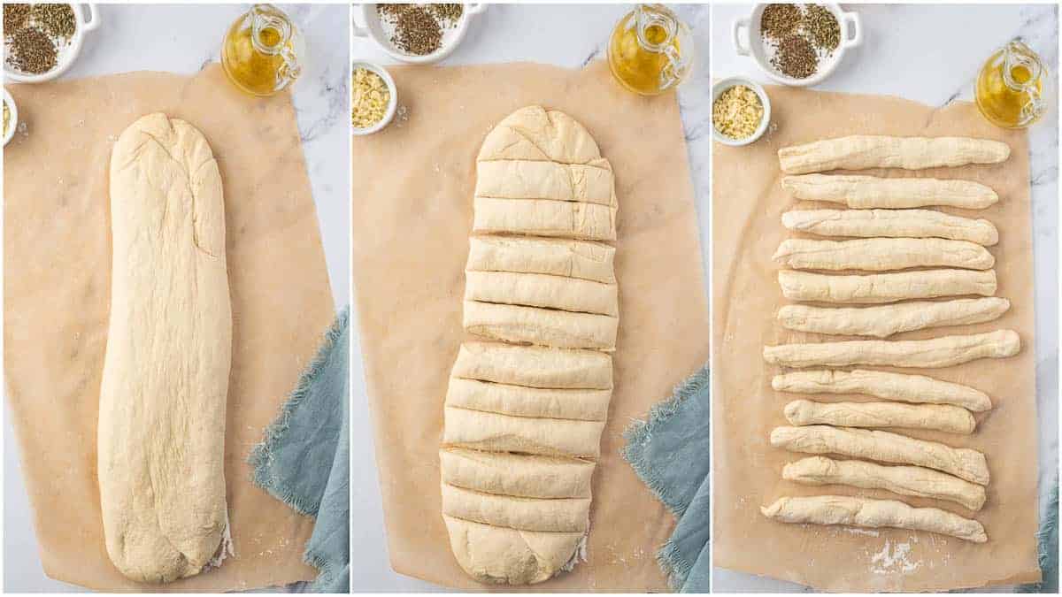 Dough shaped into a log, divided into strips, and rolled into long ropes.