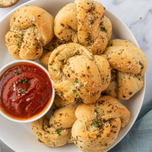 Golden herb-buttered knots served with marinara sauce, parmesan, and fresh parsley.