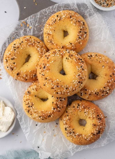 Low carb everything bagels in a pile.