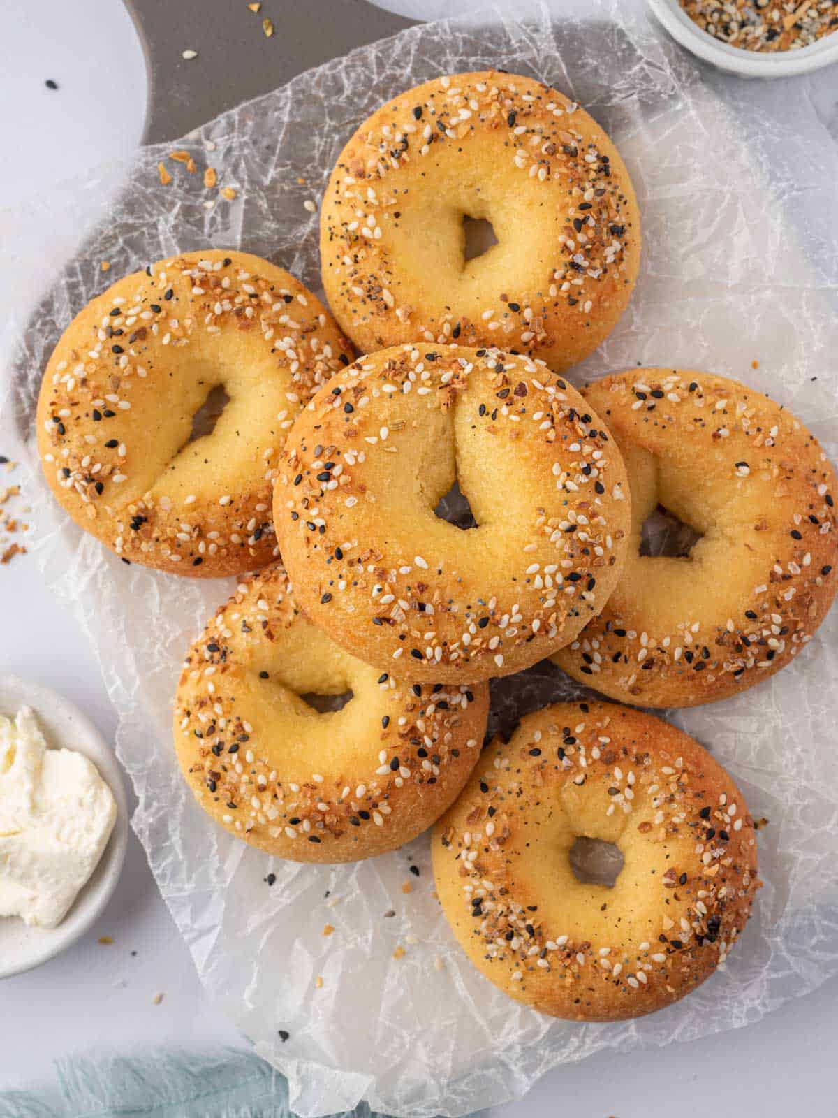 Low carb everything bagels in a pile.