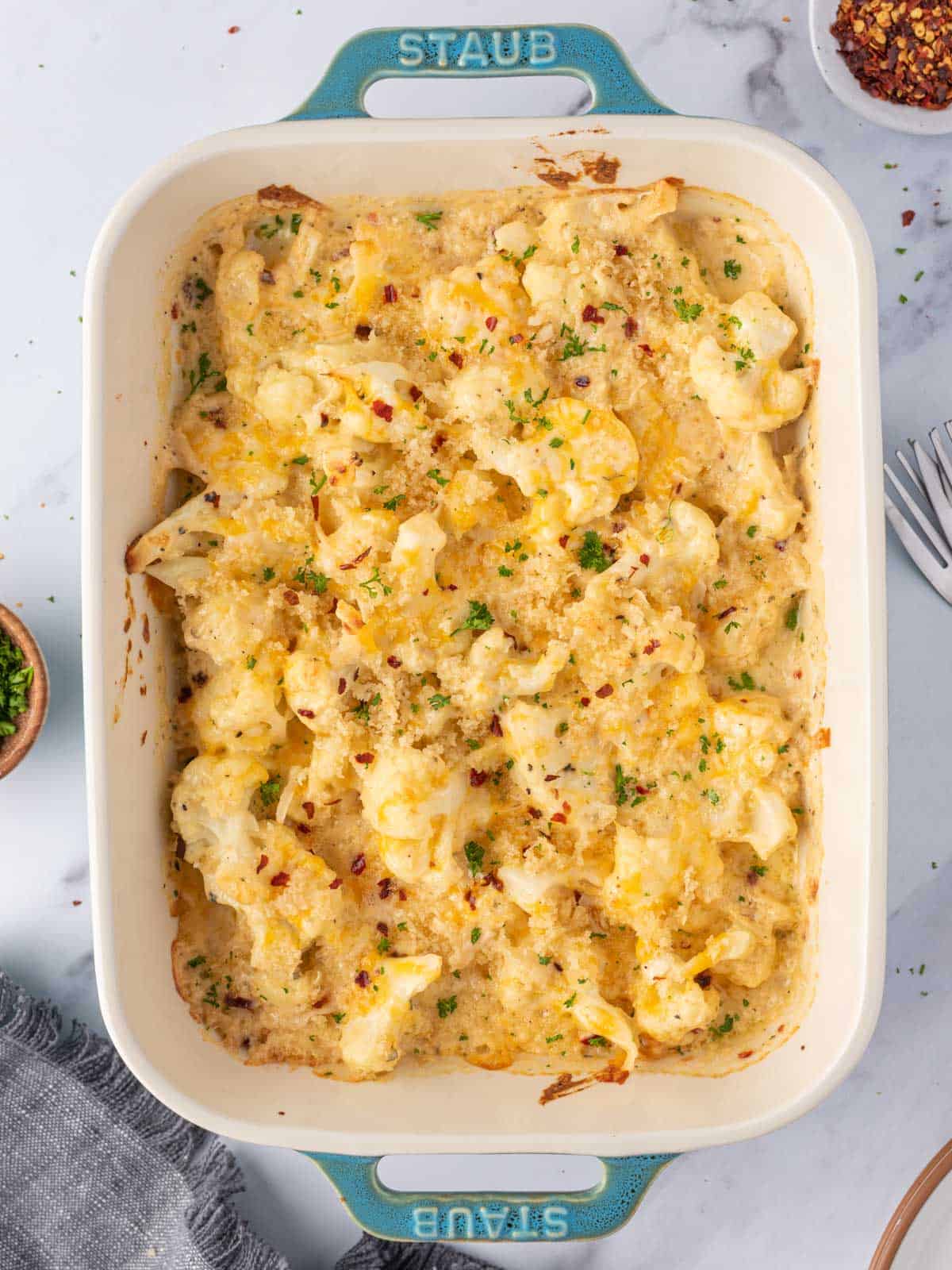 Cauliflower mac and cheese in a casserole dish.