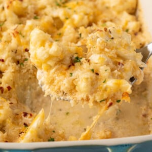 A scoop of cheese cauliflower mac and cheese.