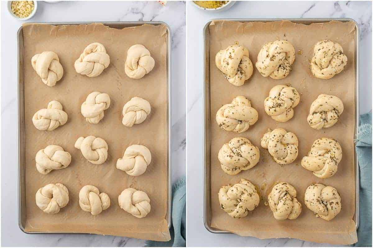 Risen dough knots before and after being brushed with garlic herb butter.