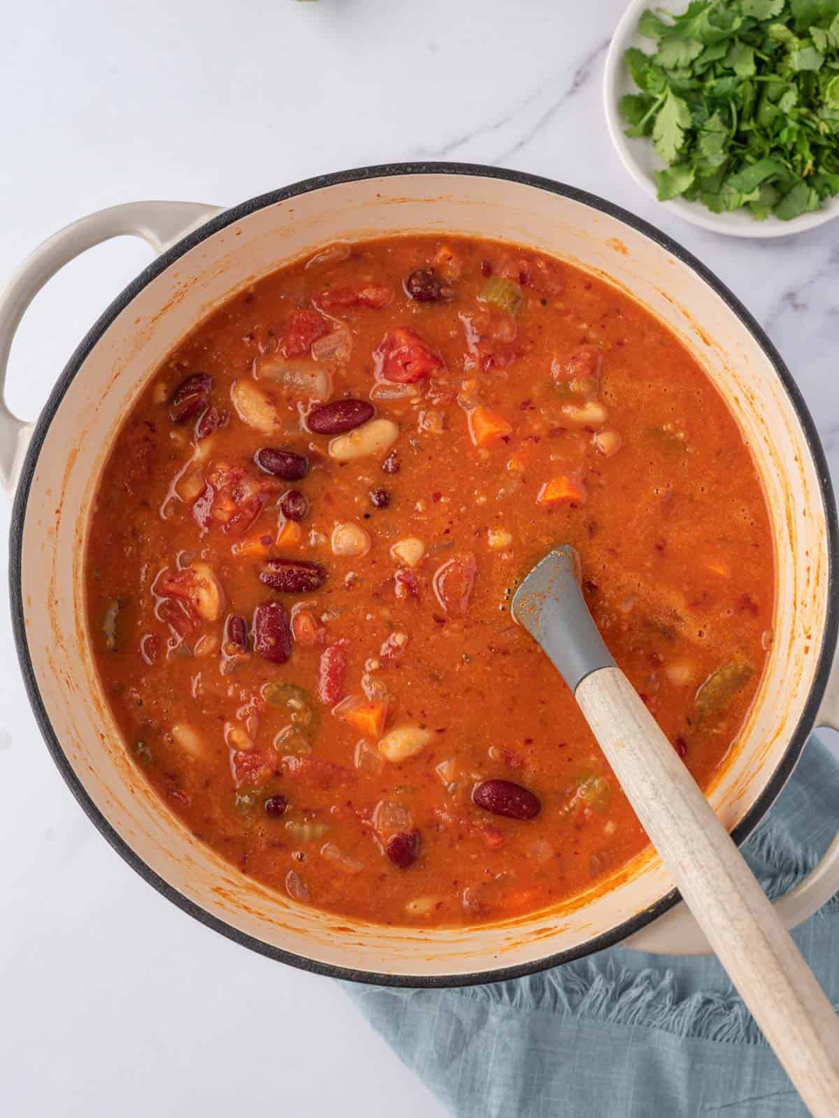 Easy vegan chili in a dutch oven.