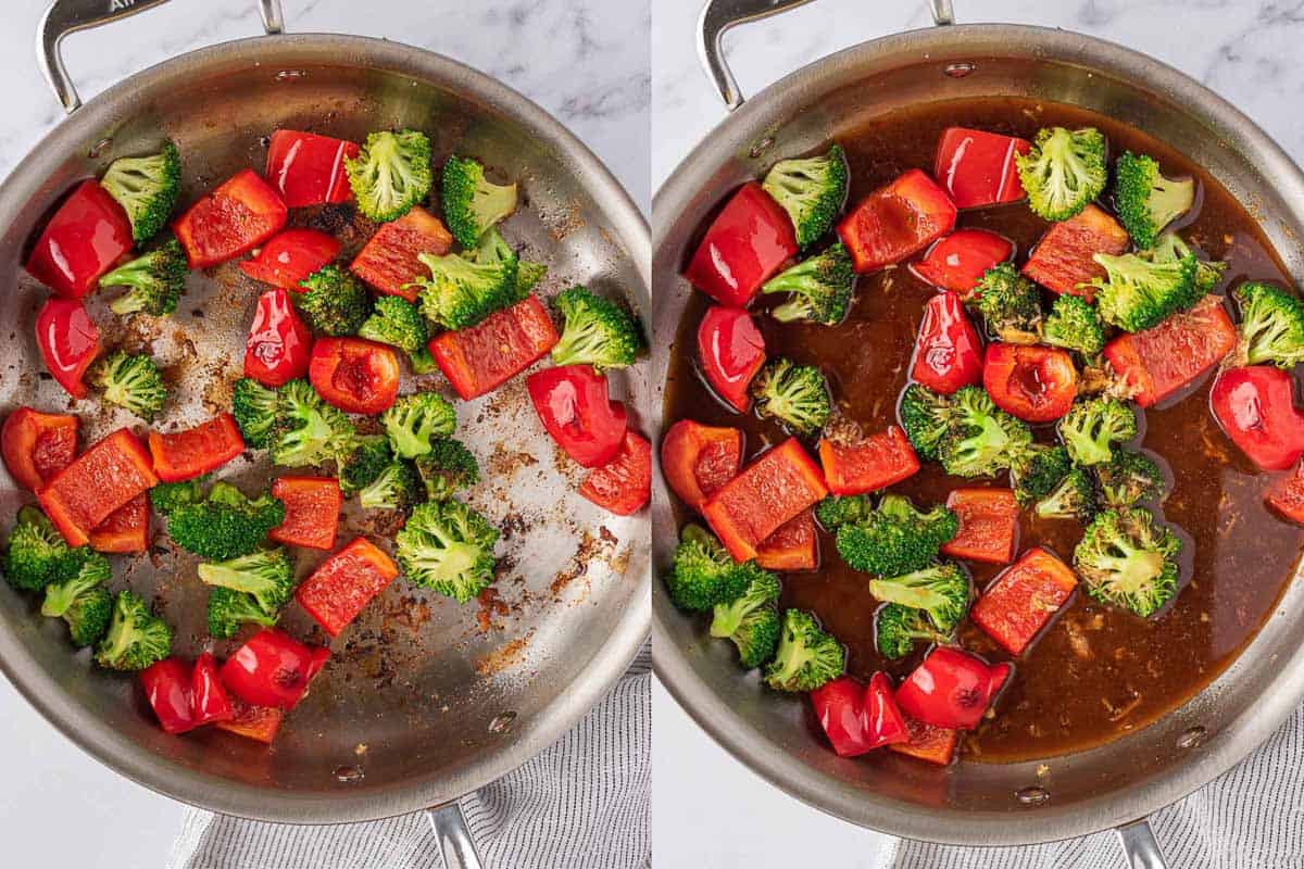 Sir fry vegetables and vegetables with chicken stir fry sauce in a pan.