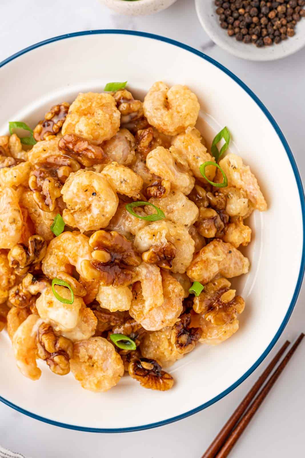 A bowl of honey walnut shrimp.