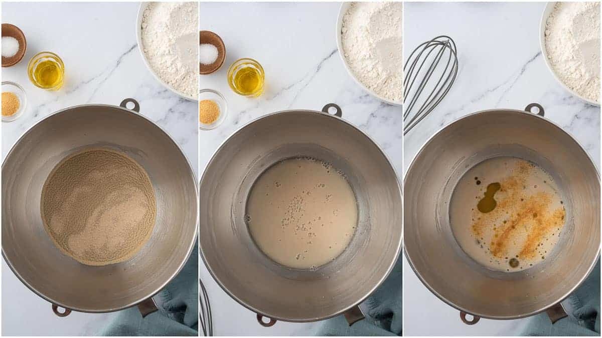 Yeast mixture prepared with lukewarm water and combined with olive oil and seasonings.