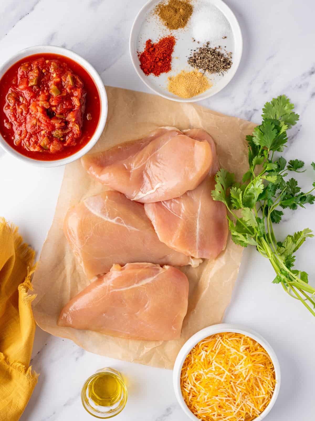 Ingredients needed for baked salsa chicken.