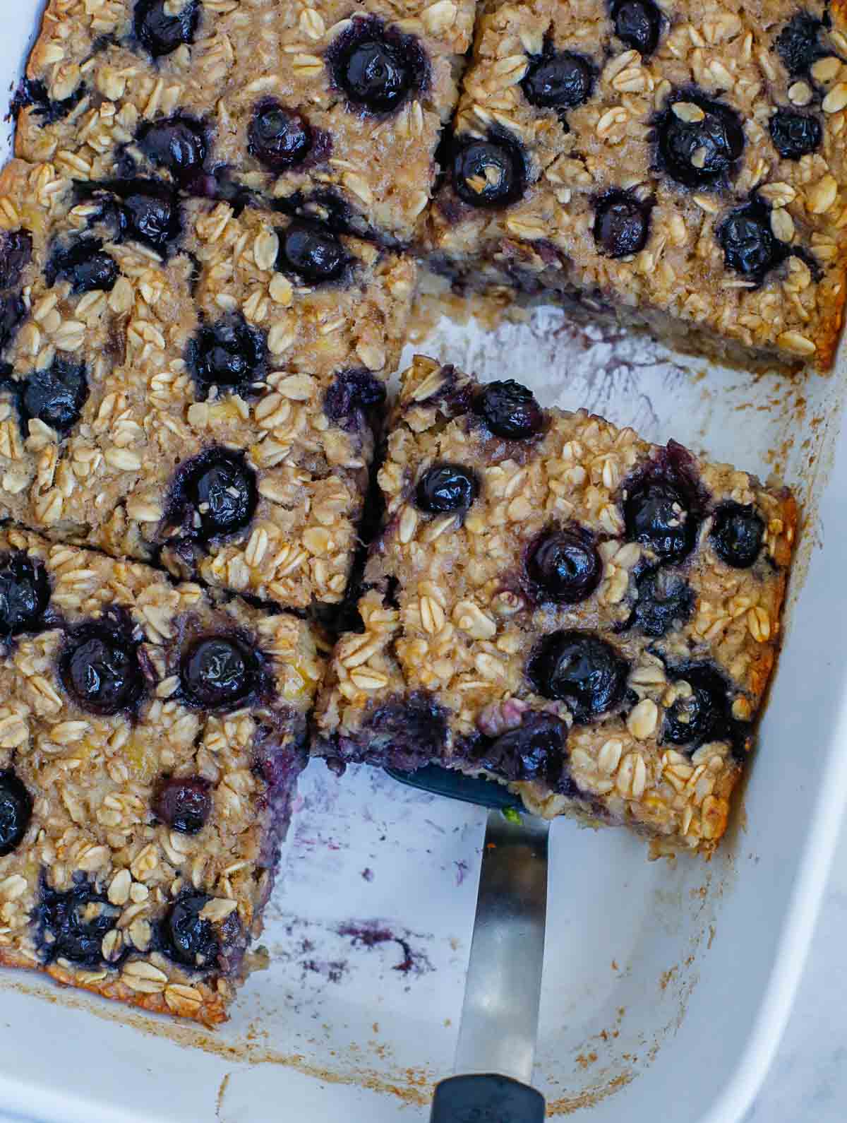 blueberry baked oatmeal after baking in a dish.