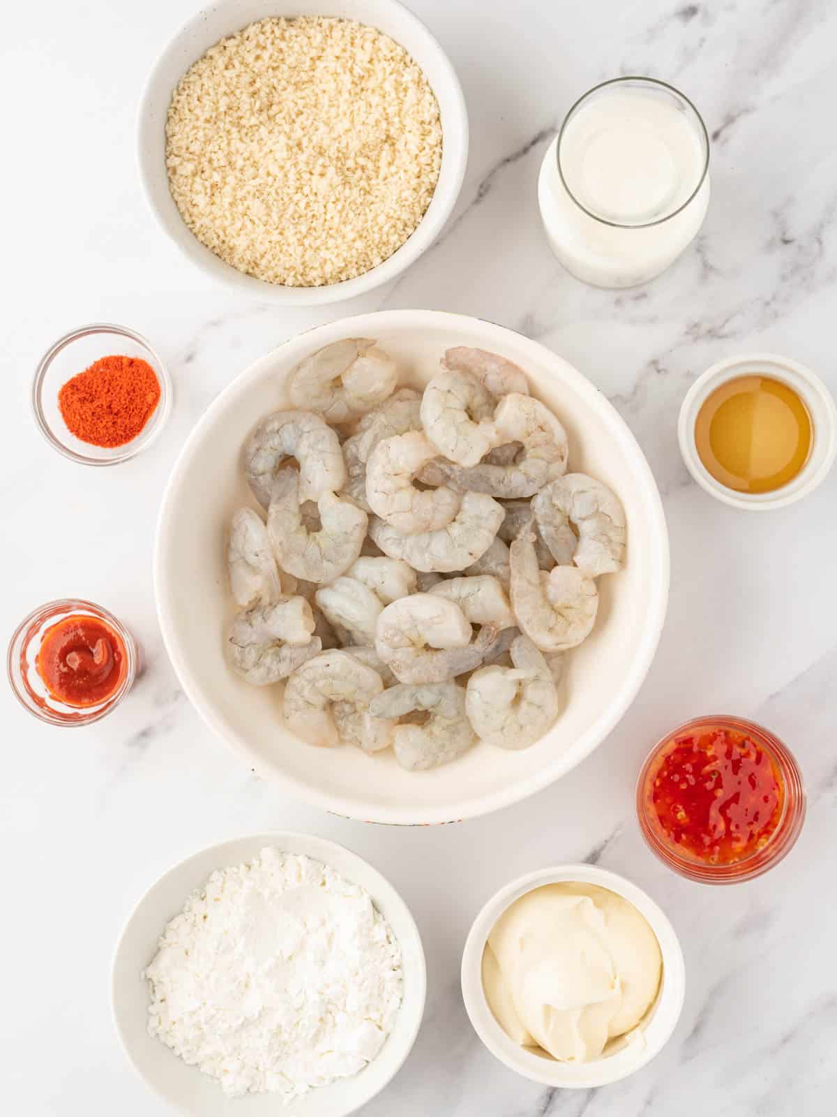 Ingredients needed to make air fryer bang bang shrimp and bang bang sauce.