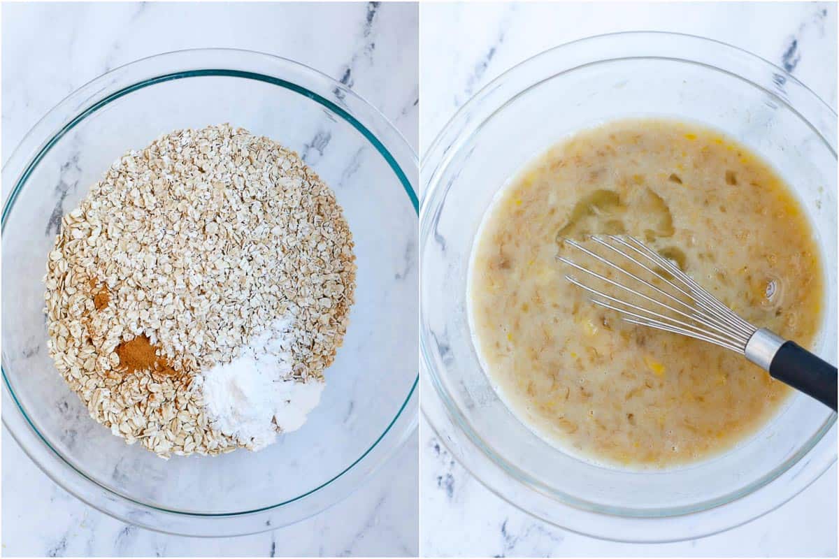 mix dry and wet ingredients in each bowl