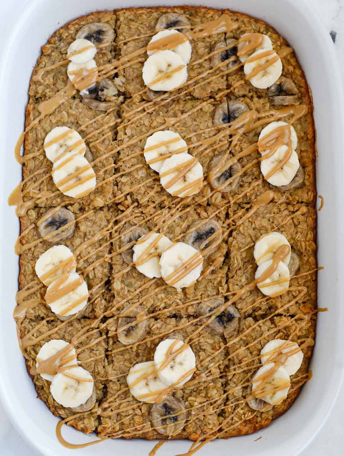 Peanut butter banana baked oatmeal in a dish. 