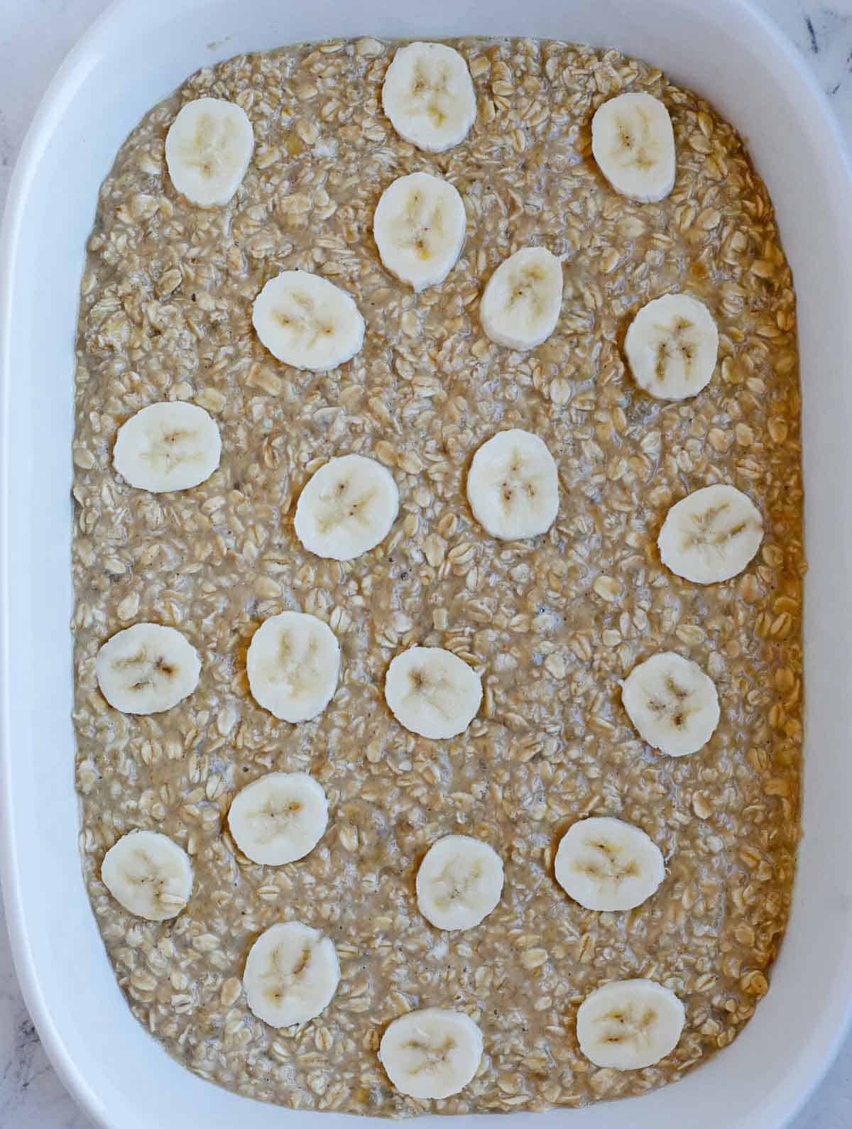 Place bananas on top of the Baked Peanut Butter Oatmeal.