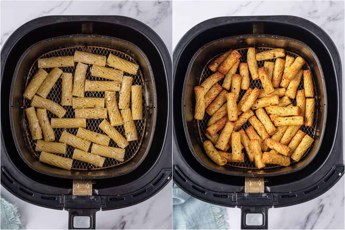 Cooked pasta noodles in air fryer for tiktok pasta chips.