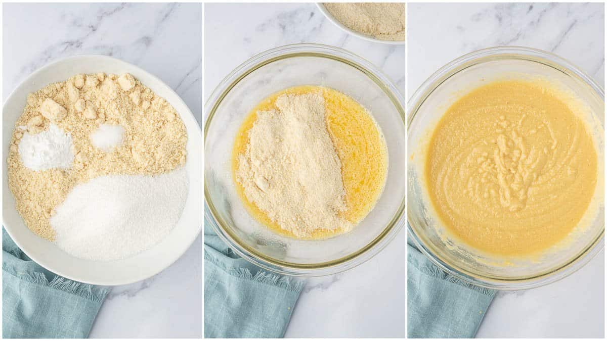 Adding the dry ingredients to the wet mixture for the low carb coffee cake.