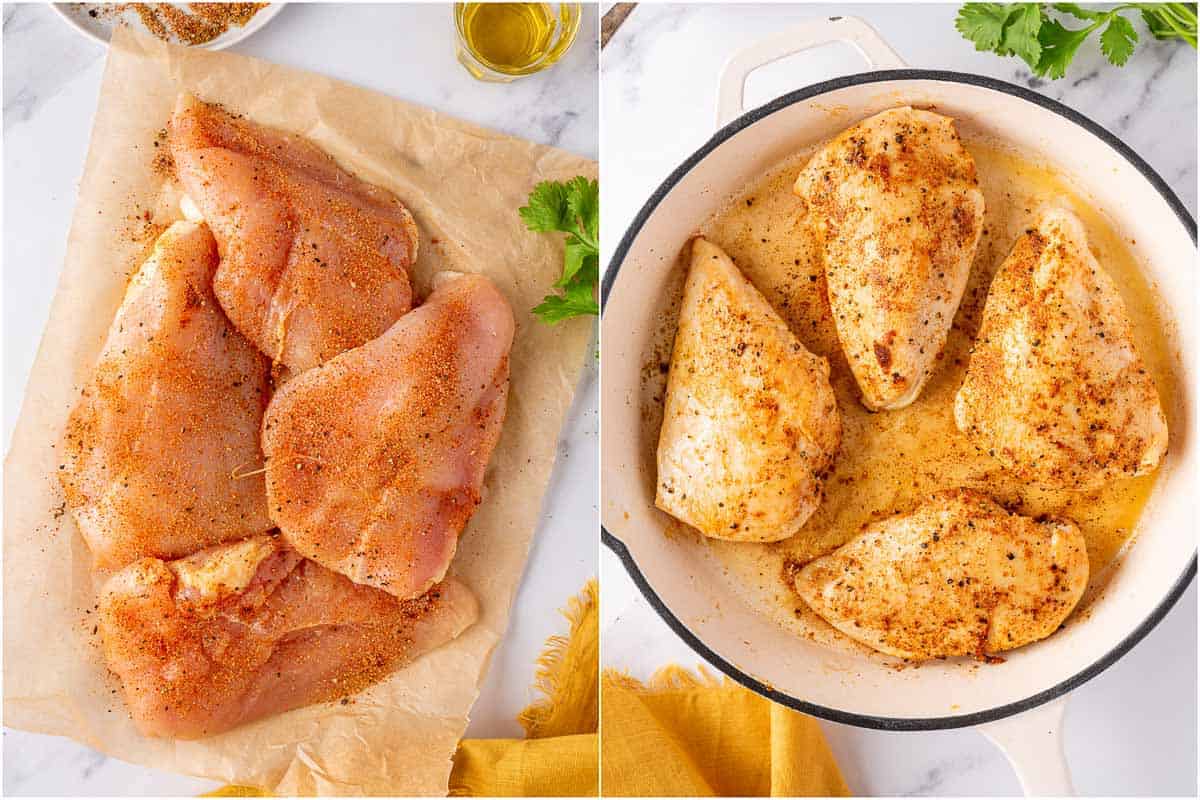 seasoned chicken before and after cooking
