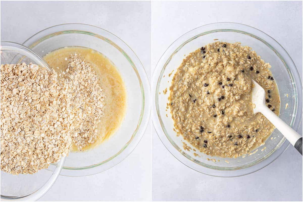 Oatmeal added to wet ingredients and mixed.