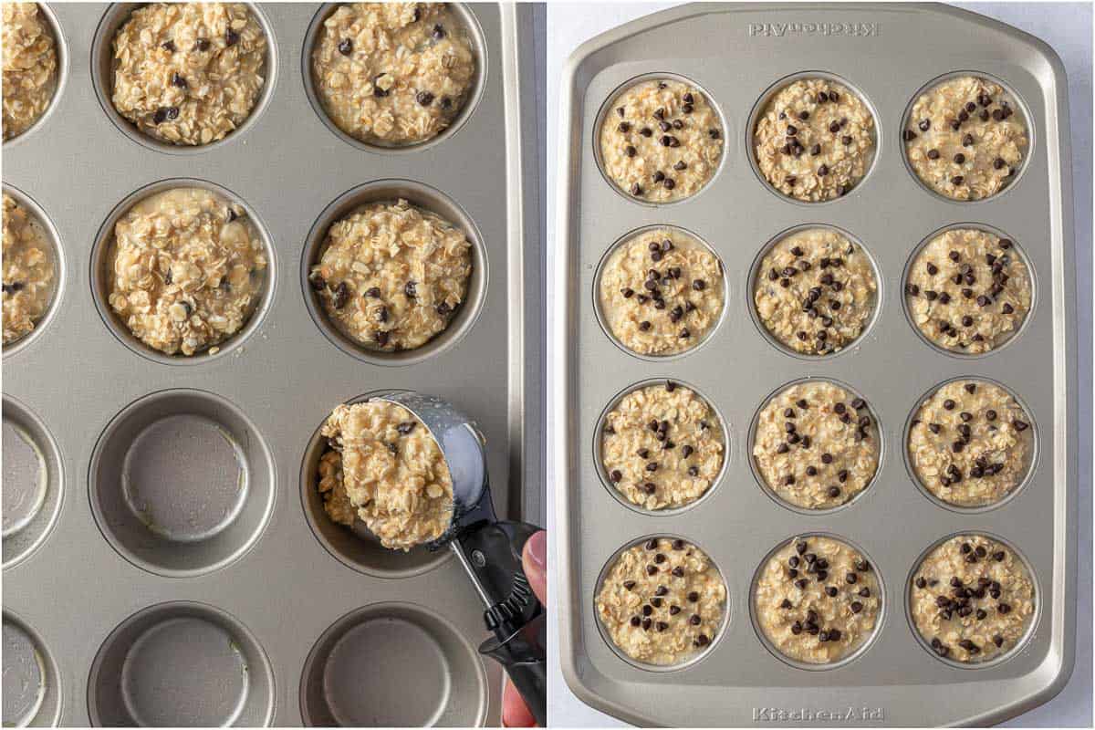 Batter added to a muffin tin.