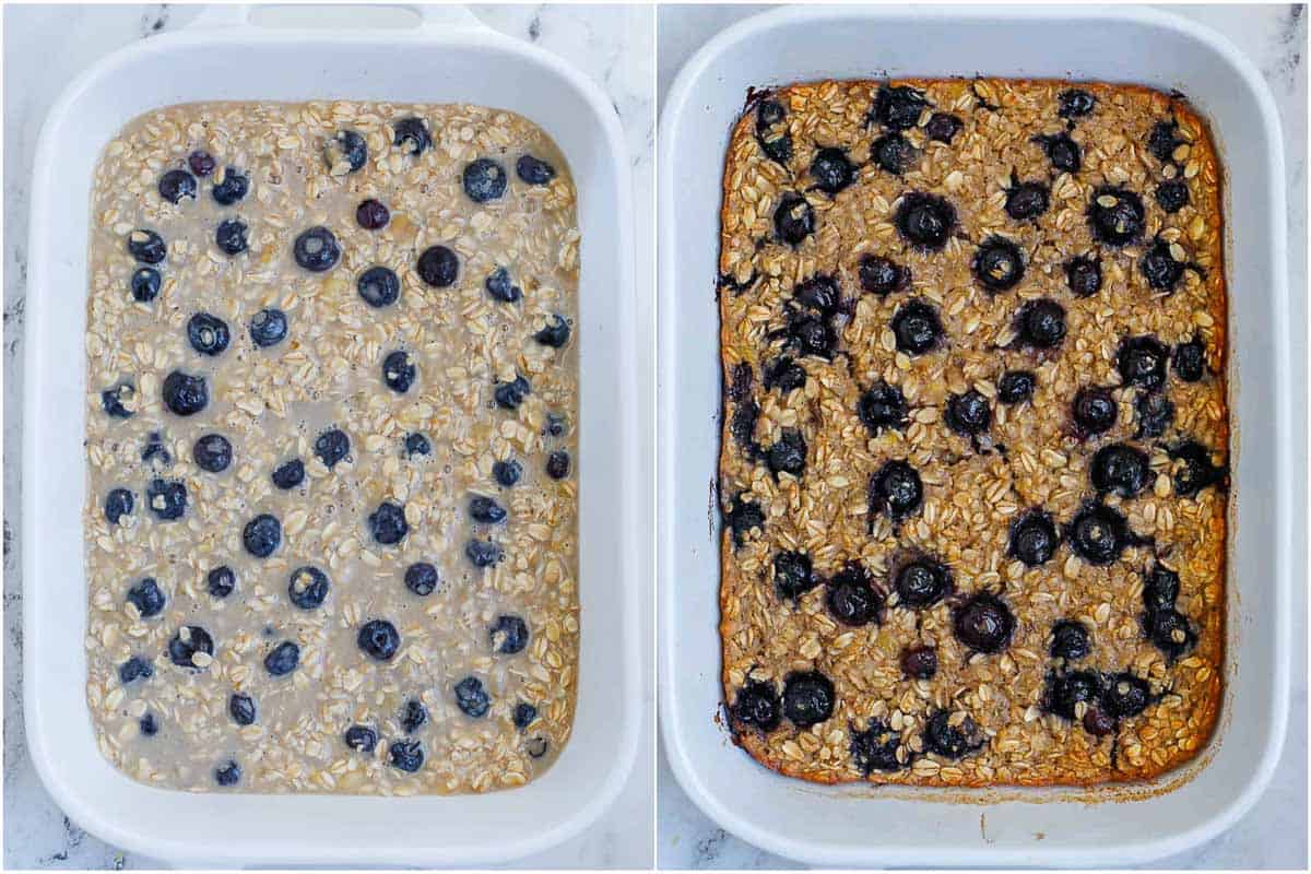 oatmeal in a baking dish before and after baking.