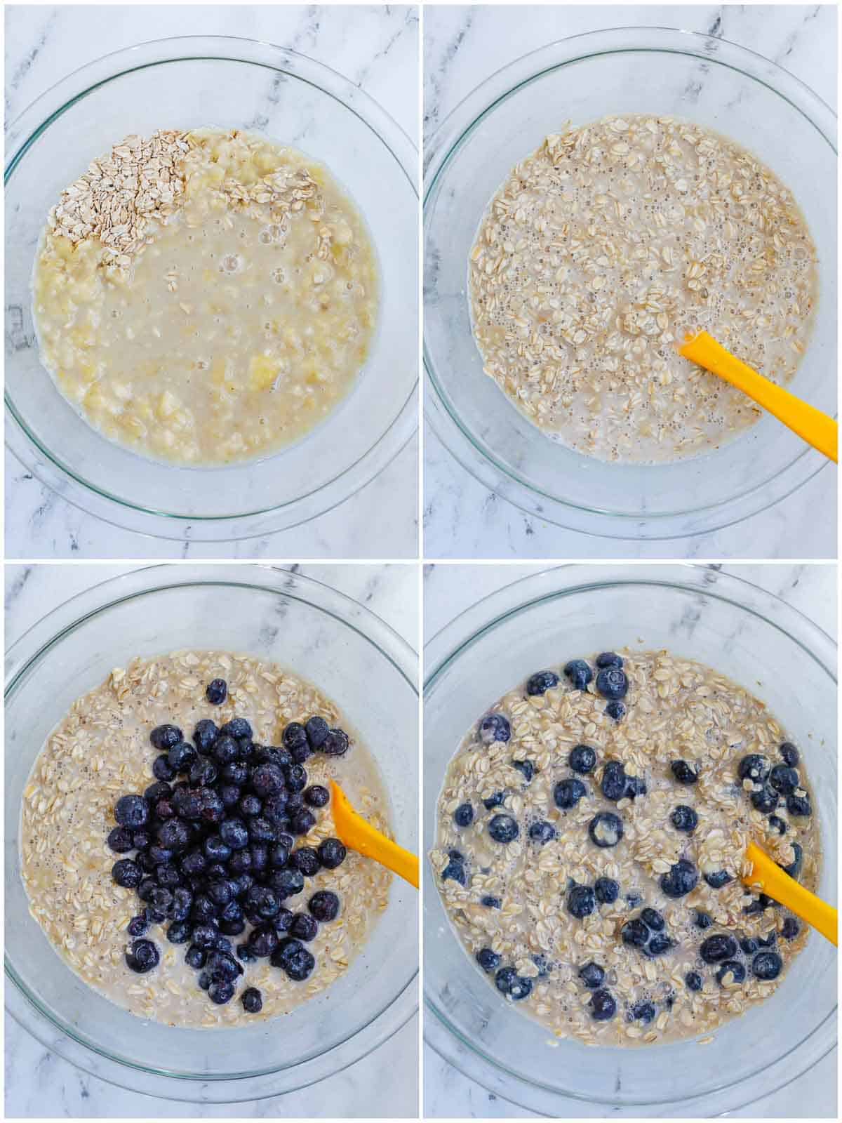 mixing the wet ingredients with blueberry together to make the baked oatmeal 