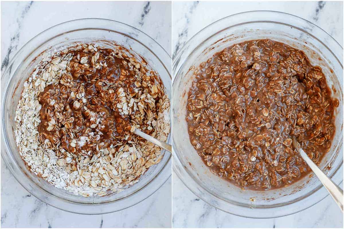 mixing the wet and dry ingredients of baked chocolate oats.