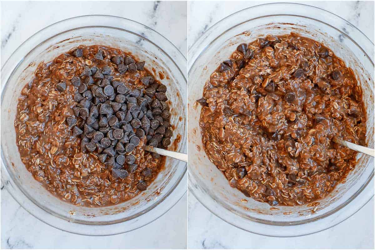 mixing the oats with wet ingredients and adding chocolate chips.