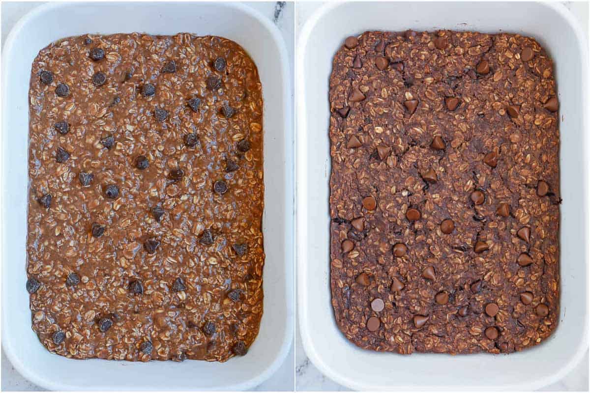 chocolate baked oats after baking in a white dish.