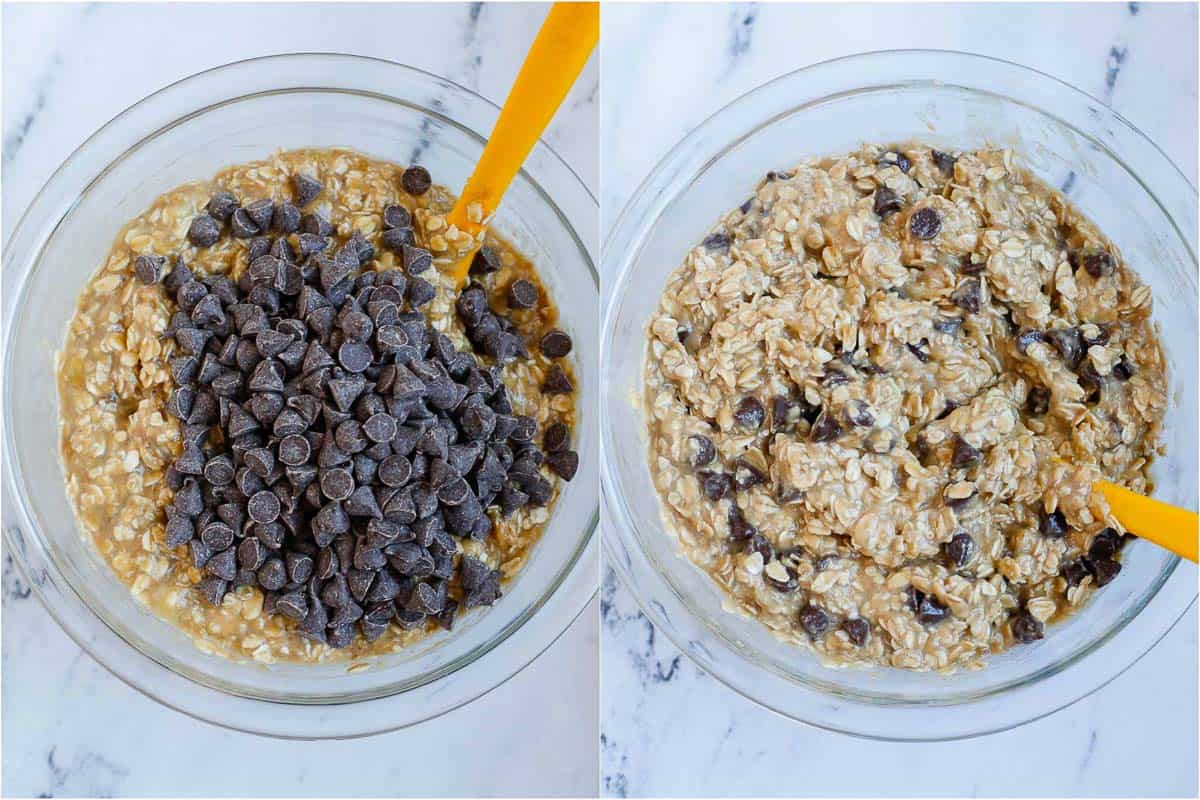 Adding chocolate chips to baked oats batter. 