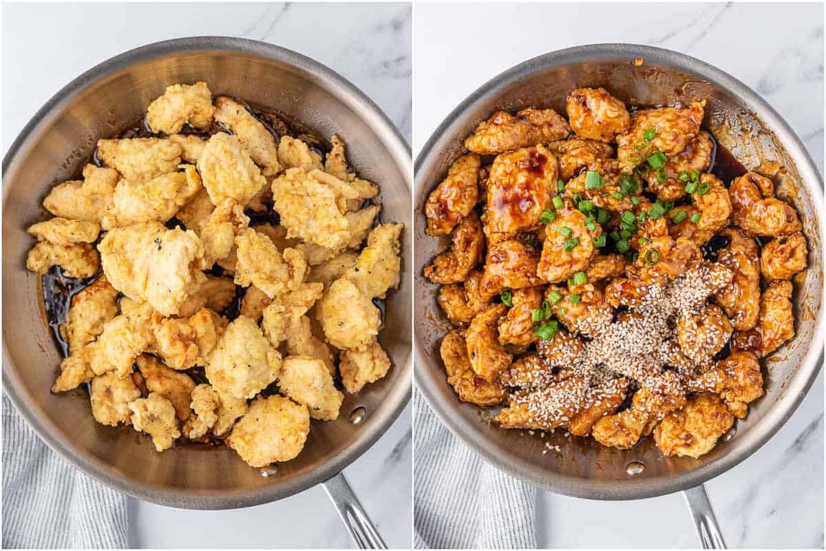 Fried chicken is tossed with honey sesame stir fry sauce, sesame seeds and chopped green onions.