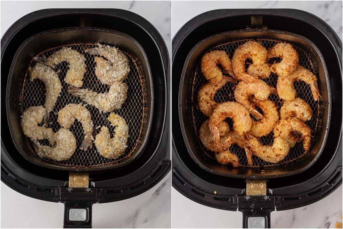 Air frying the coconut panko shrimp.