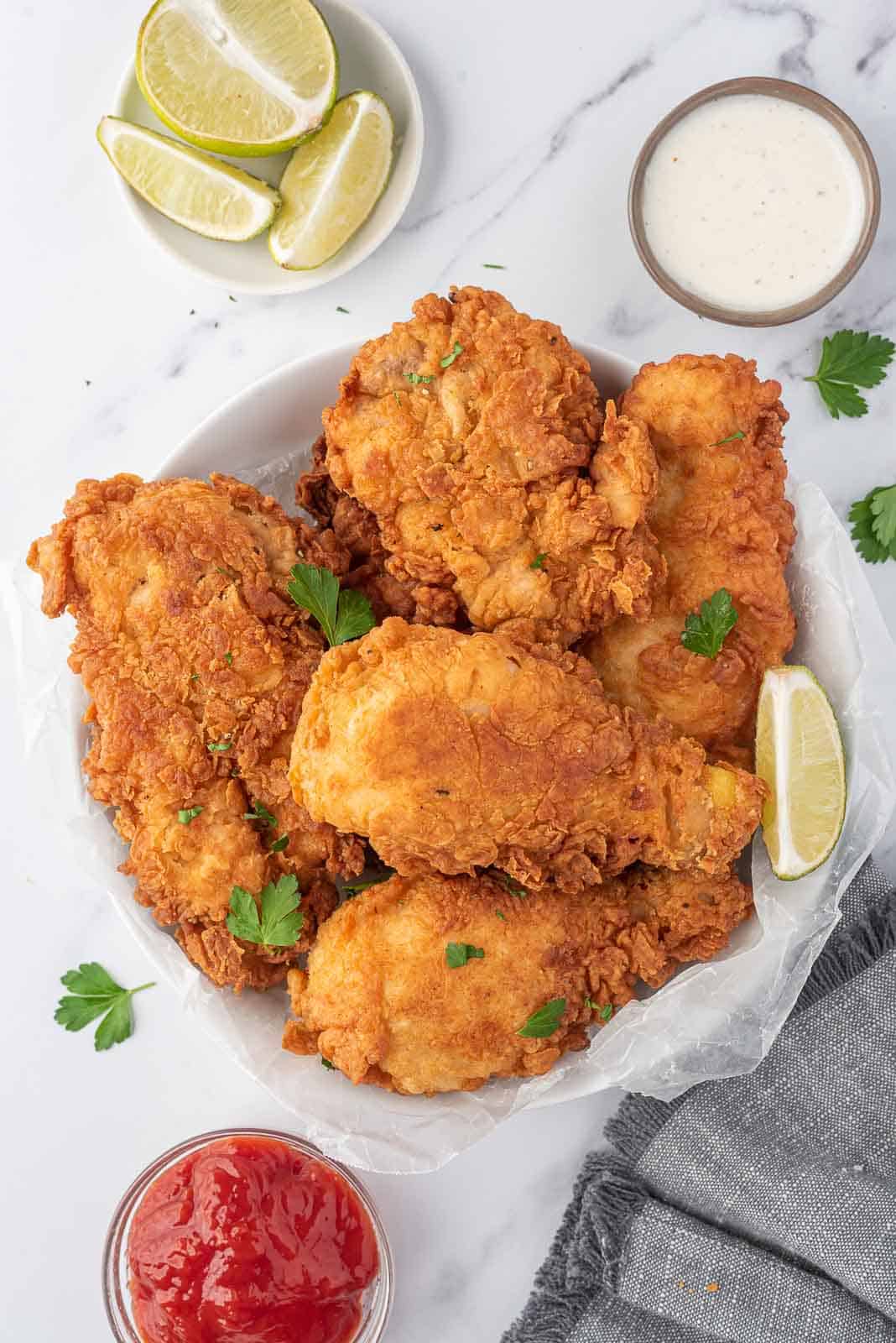 Extra crispy fried chicken on a serving plate.