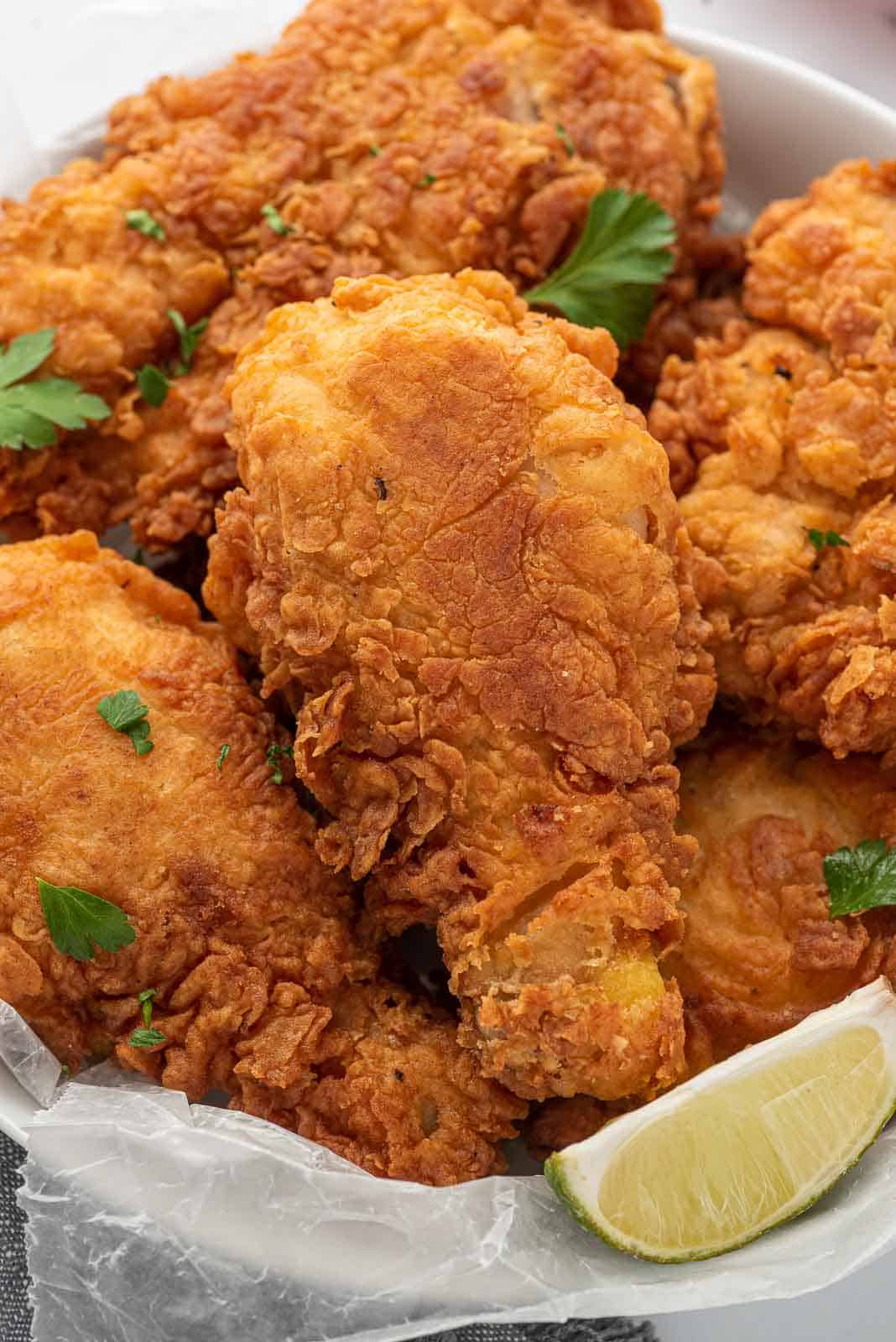Crunchy fried chicken on a plate.